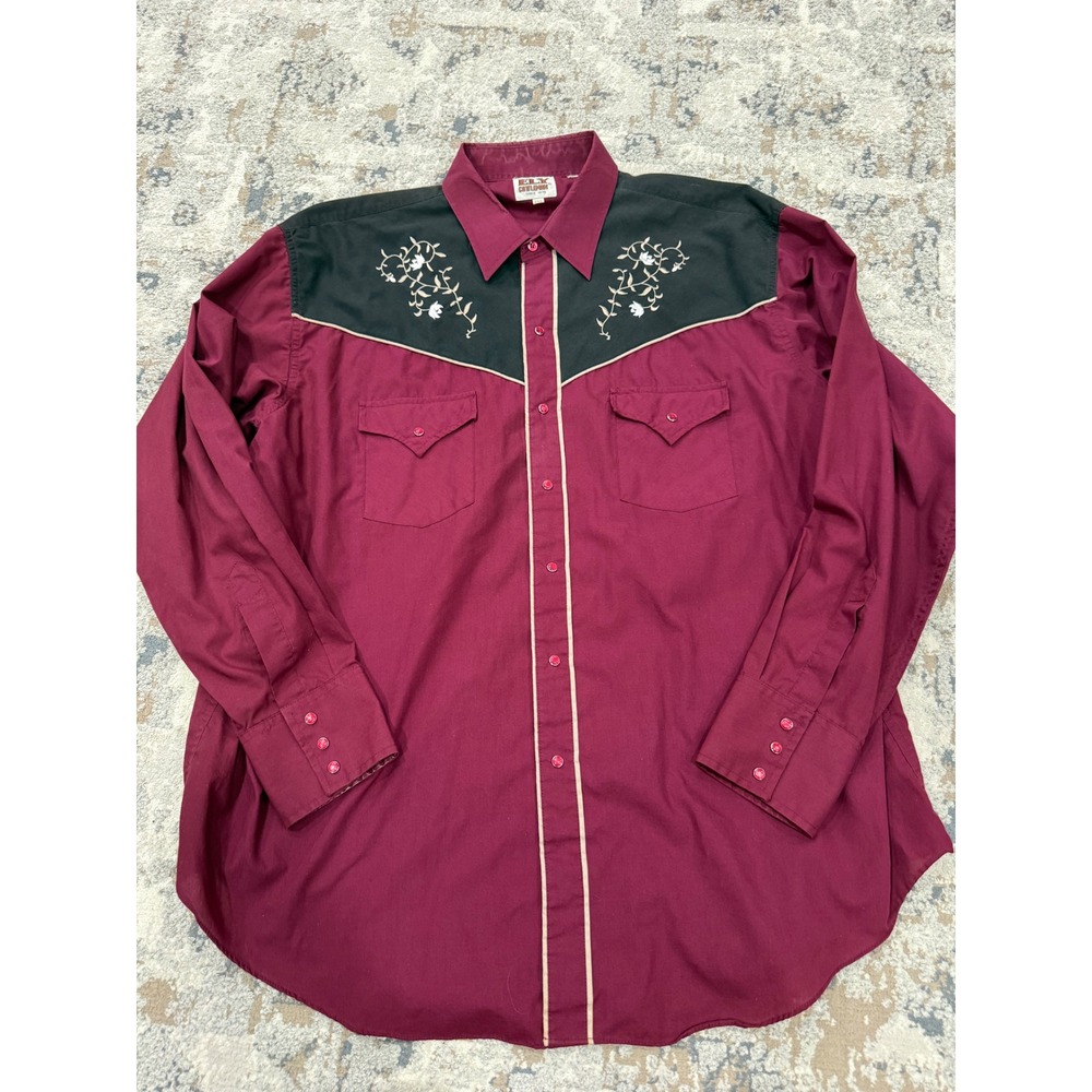 Ely Cattleman Mens 2XL Western Snap Shirt Burgundy Black Floral Embroidered - Picture 1 of 8